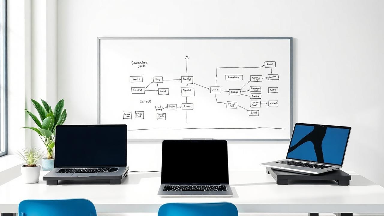 Whiteboard workflow diagram behind laptops in a bright office