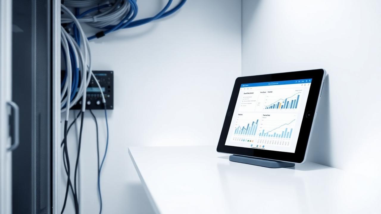 Organised network cabinet beside a tablet showing business dashboards
